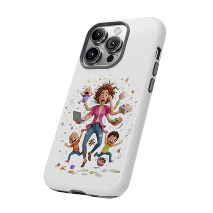 iPhone Phone Case — Hectic Mom Cartoon Design (Multitasking Mother, Kids & Chaos)