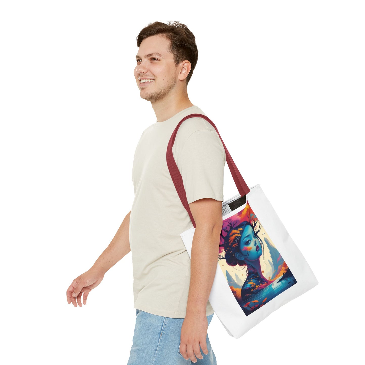 Artistic Blue Forest Maiden Tote Bag - Surreal Portrait All-Over Print