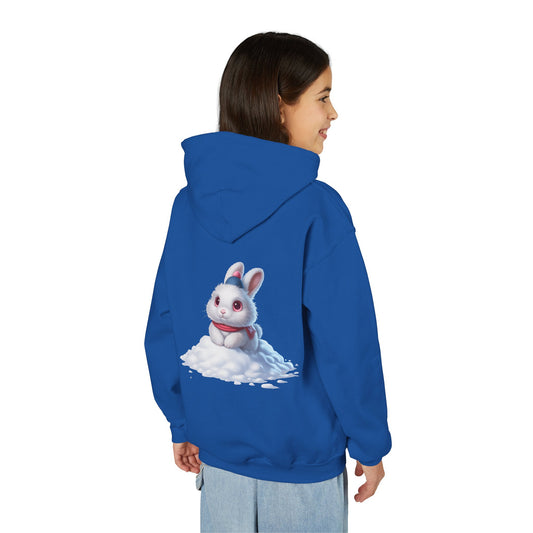 Youth Hoodie — Cute White Bunny in Snowback Graphic