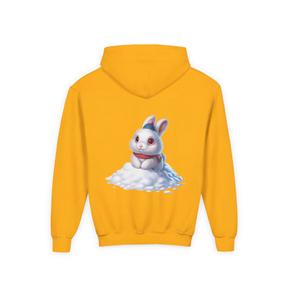 Youth Hoodie — Cute White Bunny in Snowback Graphic