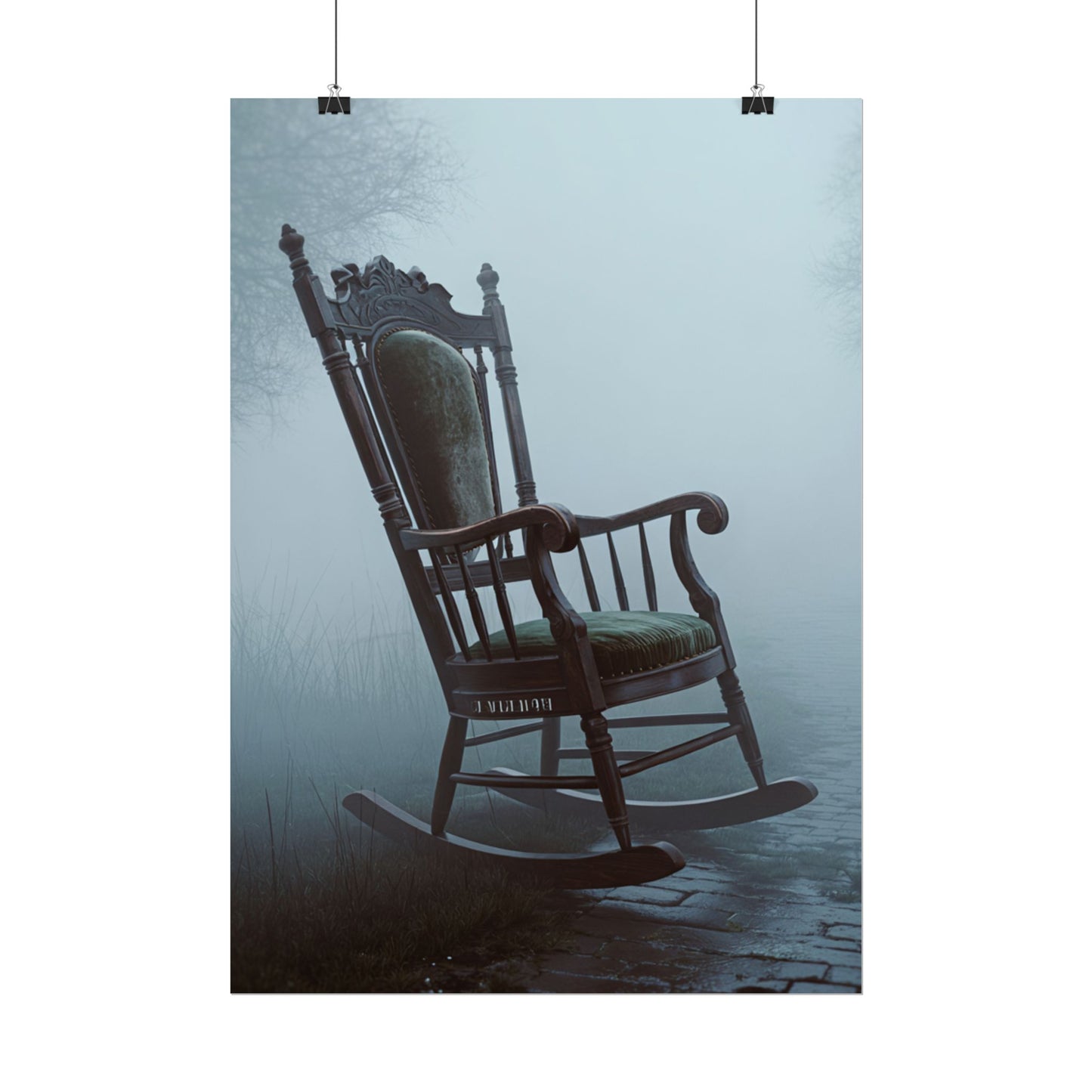 Vintage-Schaukelstuhl-Poster – Stimmungsvolles, nebliges Cottage-Wandbild (gerolltes Poster)
