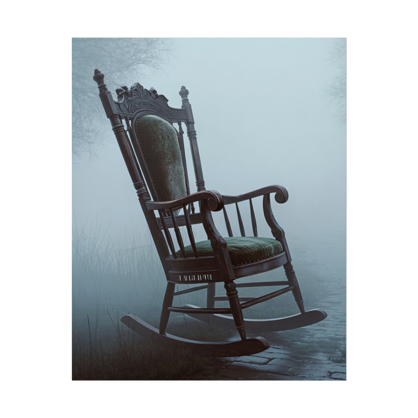 Vintage-Schaukelstuhl-Poster – Stimmungsvolles, nebliges Cottage-Wandbild (gerolltes Poster)