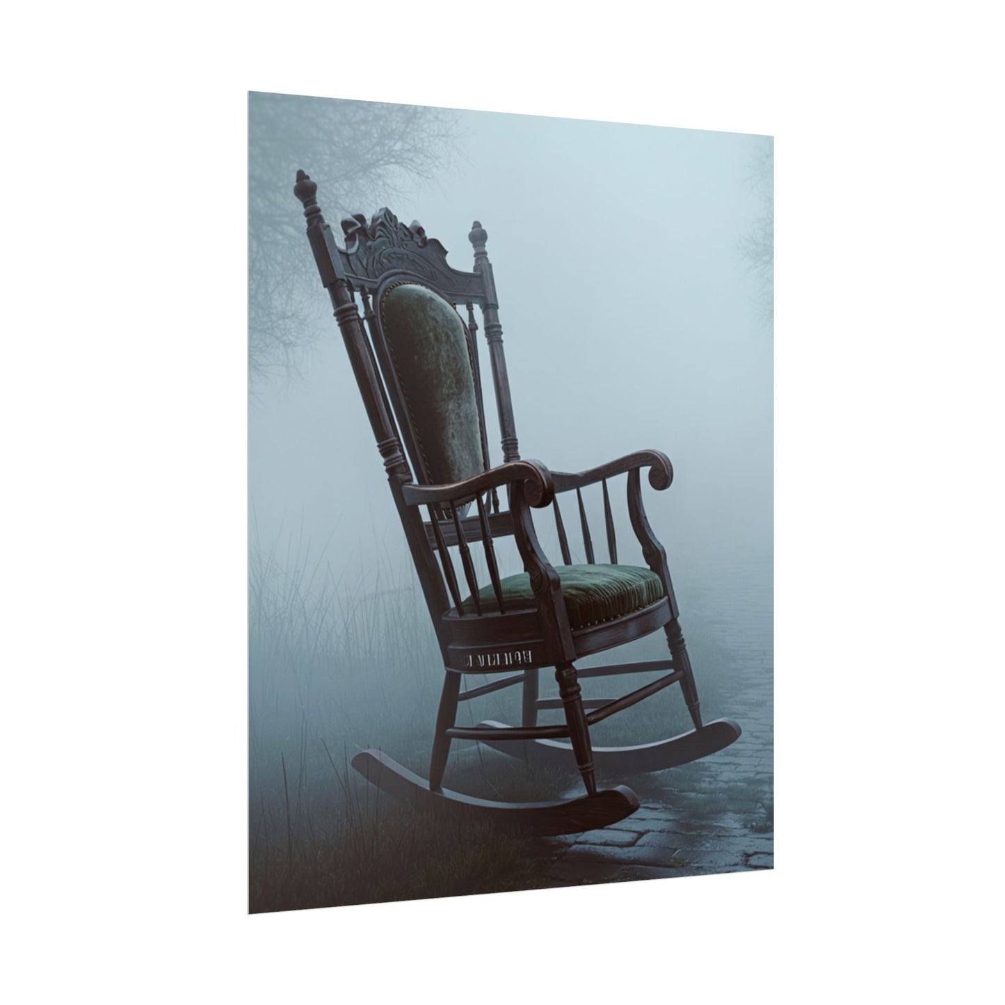 Vintage-Schaukelstuhl-Poster – Stimmungsvolles, nebliges Cottage-Wandbild (gerolltes Poster)