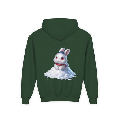 Youth Hoodie — Cute White Bunny in Snowback Graphic