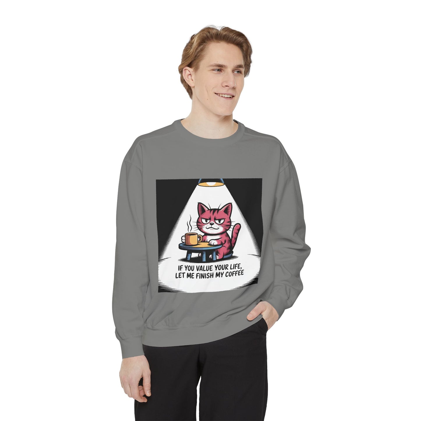 Lustiges Katzen-Sweatshirt – „Wenn dir dein Leben lieb ist, lass mich meinen Kaffee austrinken“ – Kuscheliger Pullover mit Grafikprint
