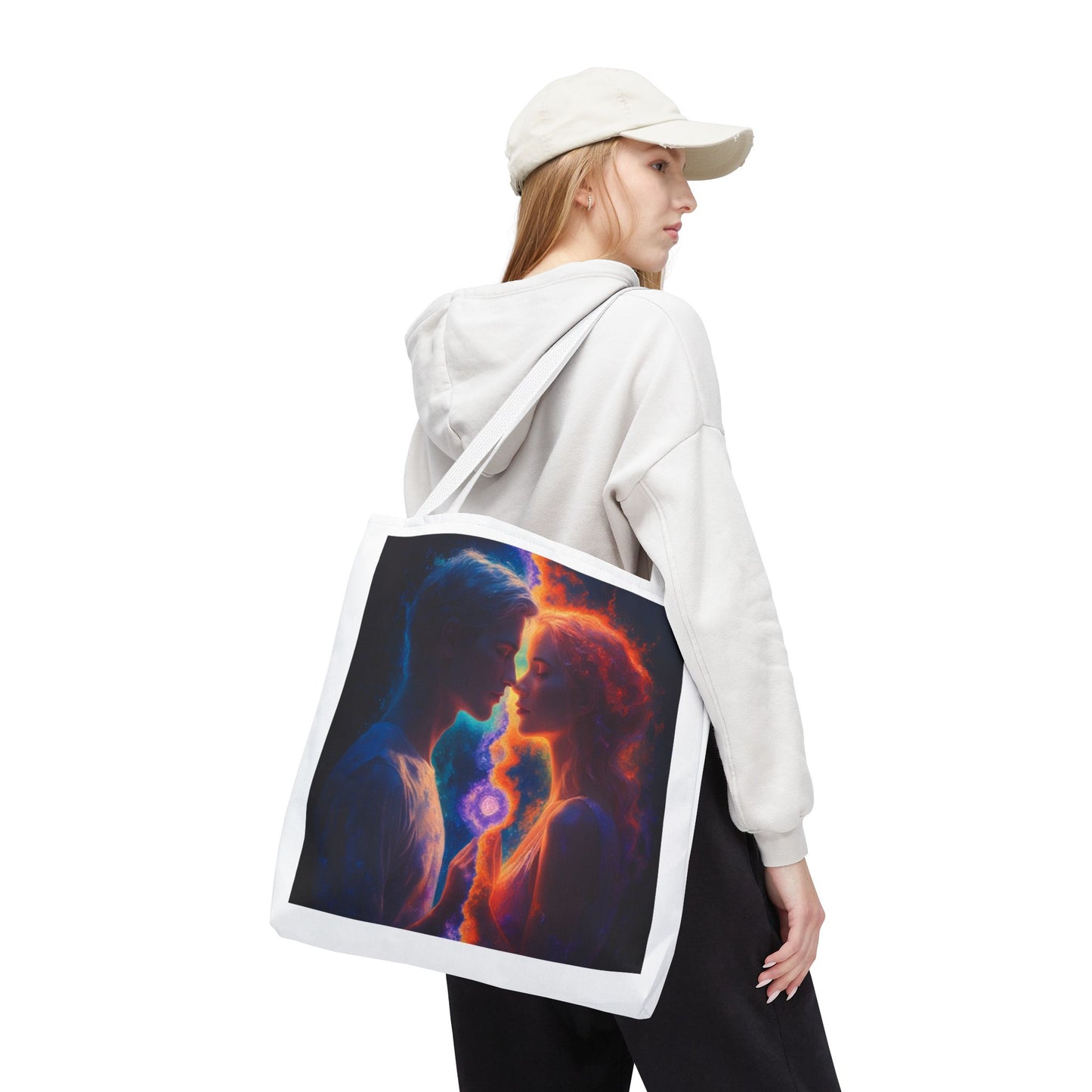 Cosmic Lovers Tote Bag — Flame & Ice Couple Art AOP
