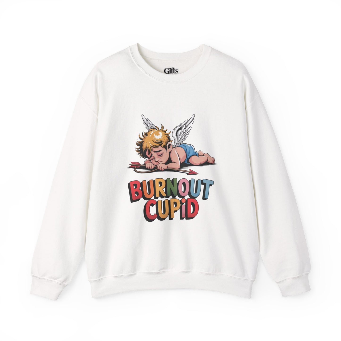 Burnout Cupid Sweatshirt — Tired Cupid Graphic Crewneck for Valentine’s Day