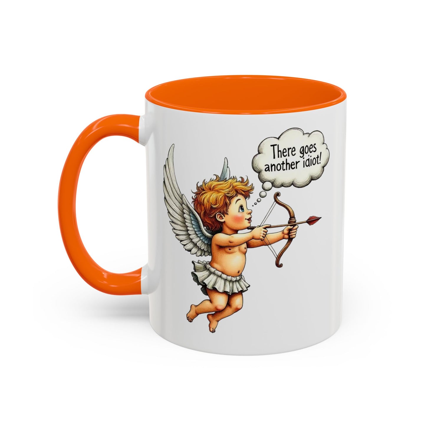 Cupid Coffee Mug — Vintage Cherub Saying "There goes another idiot!" Accent Mug
