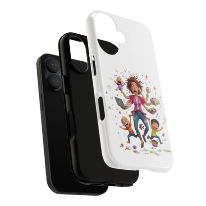 iPhone Phone Case — Hectic Mom Cartoon Design (Multitasking Mother, Kids & Chaos)