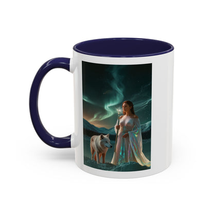 Taza de café Aurora Guardiana — Arte fantástico de mujer con lobo