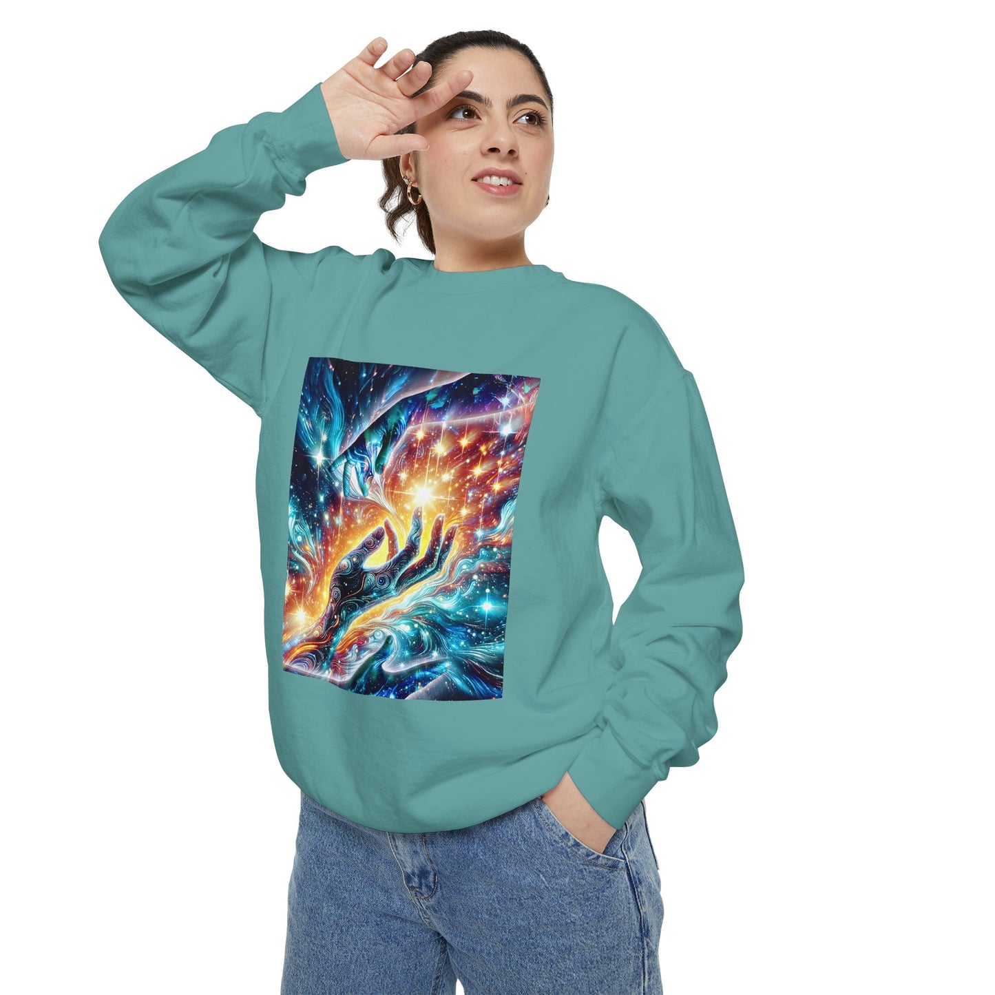 Galaxy Touch Sweatshirt — Cosmic Hands Astral Art Crewneck