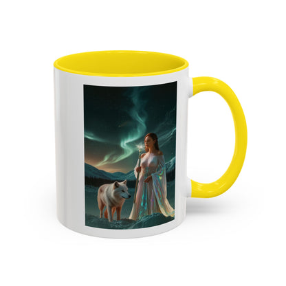 Taza de café Aurora Guardiana — Arte fantástico de mujer con lobo