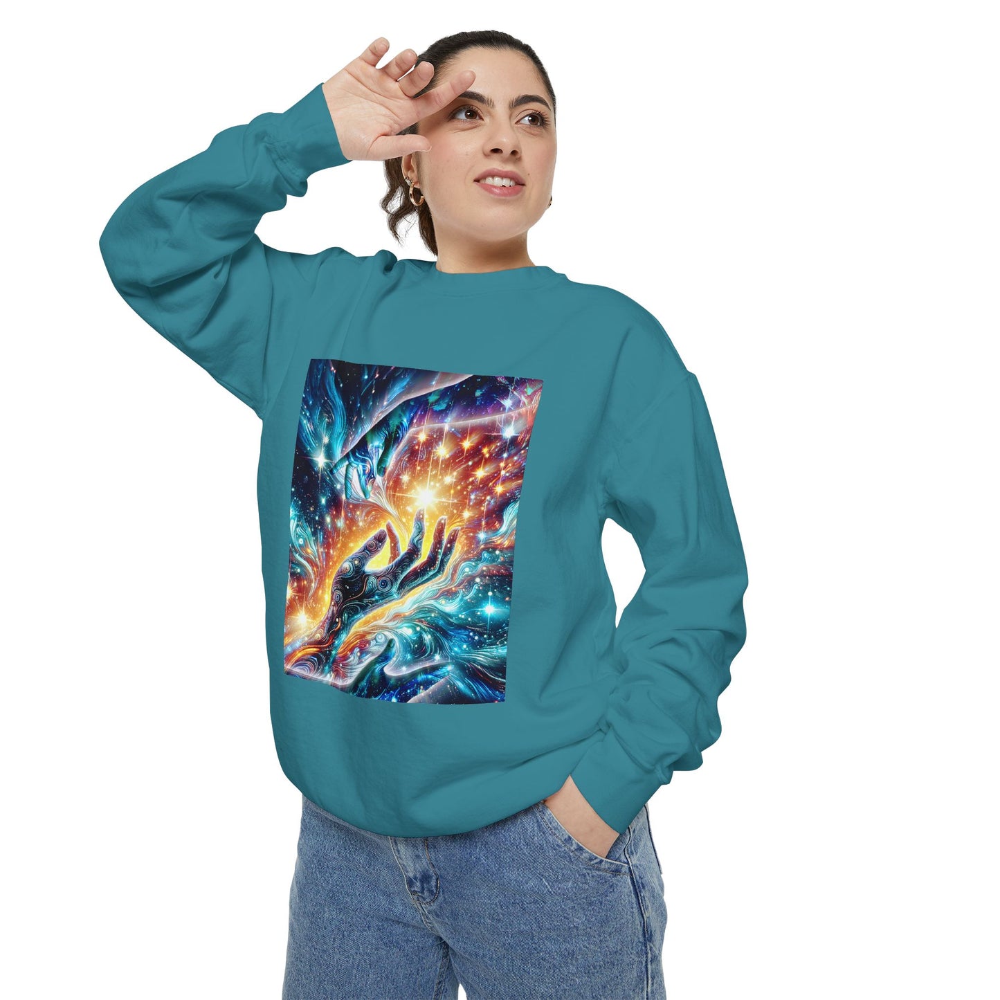 Galaxy Touch Sweatshirt — Cosmic Hands Astral Art Crewneck