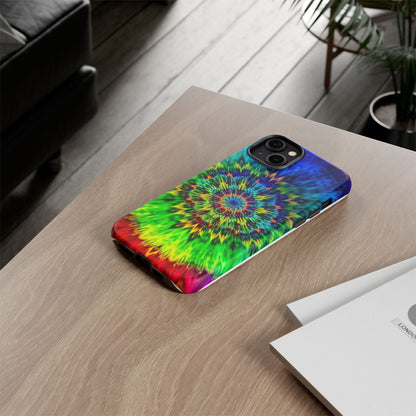 Funda resistente para teléfono con diseño de mandala psicodélico: protección vibrante con efecto tie-dye