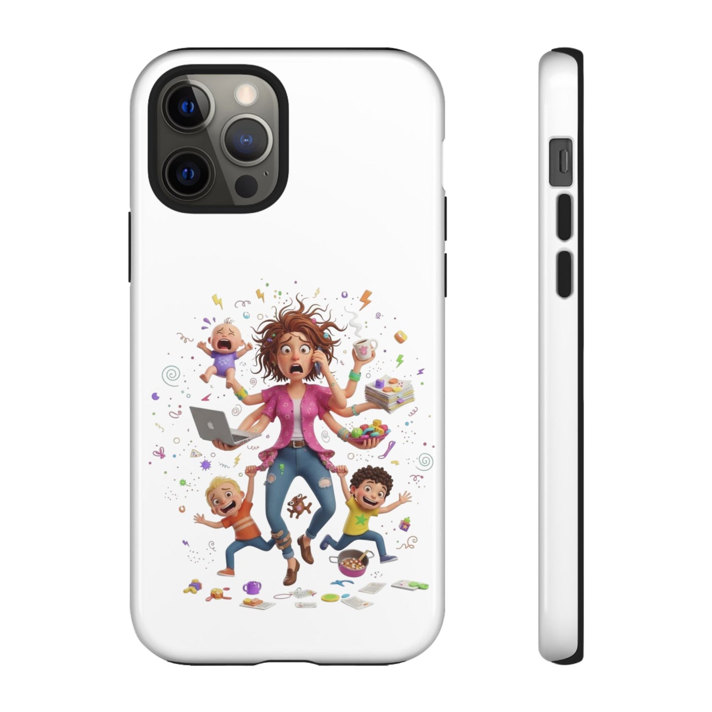 iPhone Phone Case — Hectic Mom Cartoon Design (Multitasking Mother, Kids & Chaos)