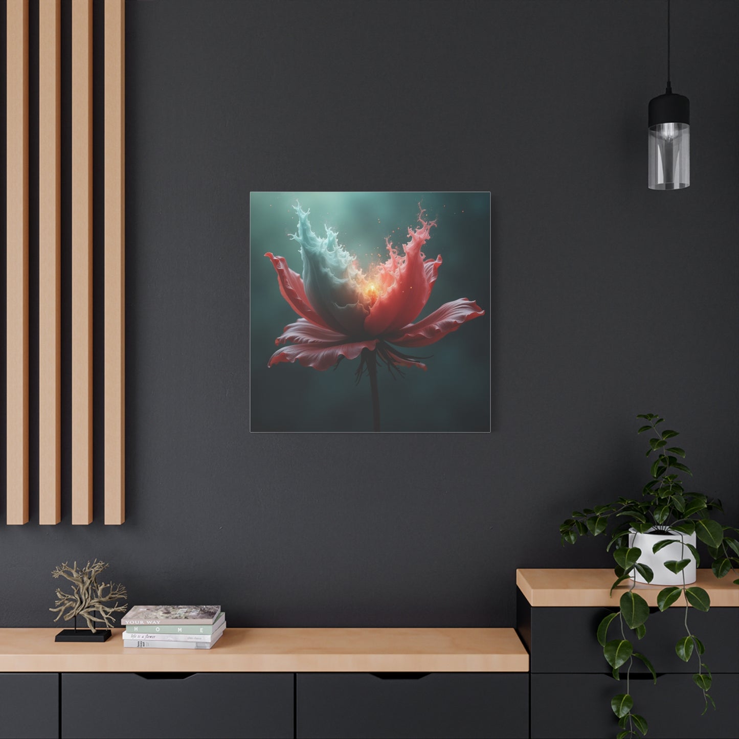 Surreal Bloom Canvas Art — Fiery Red & Teal Flower Matte Stretched Print