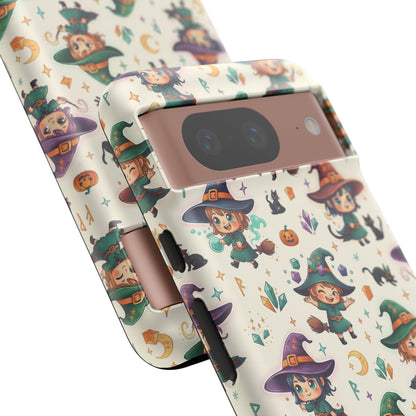 Google Phone - Cute Halloween Witch Phone Case – Cartoon Witches, Black Cats & Pumpkins