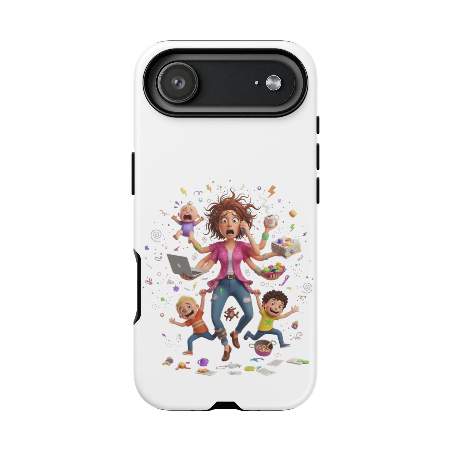 iPhone Phone Case — Hectic Mom Cartoon Design (Multitasking Mother, Kids & Chaos)