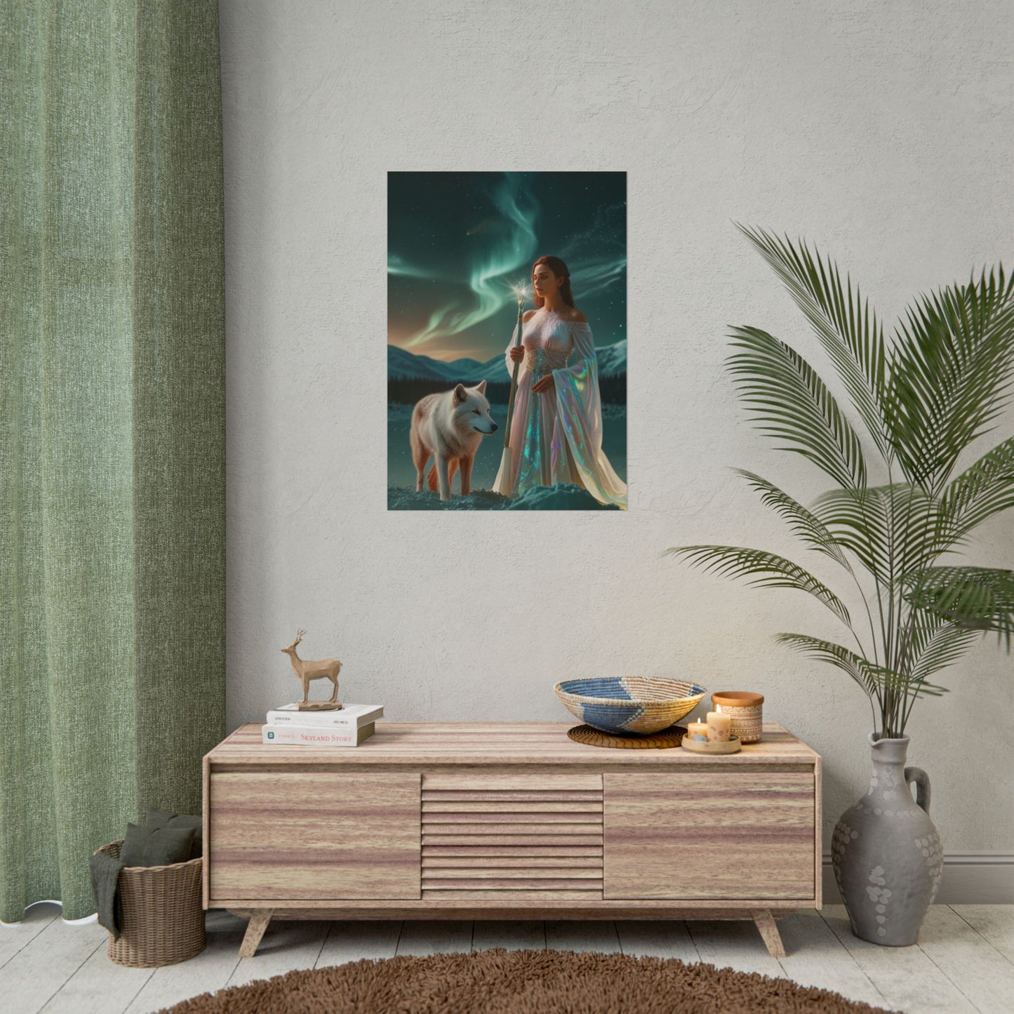 Aurora Guardian Poster – Fantasy-Frau mit weißem Wolf (Wandbild)