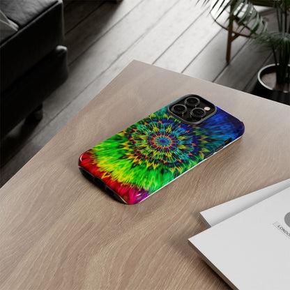 Funda resistente para teléfono con diseño de mandala psicodélico: protección vibrante con efecto tie-dye