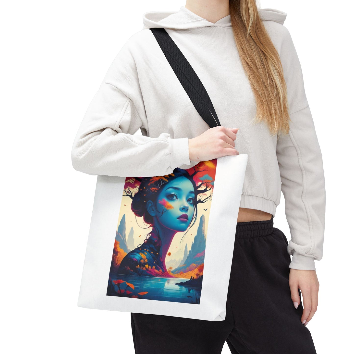 Artistic Blue Forest Maiden Tote Bag - Surreal Portrait All-Over Print