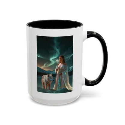 Taza de café Aurora Guardiana — Arte fantástico de mujer con lobo