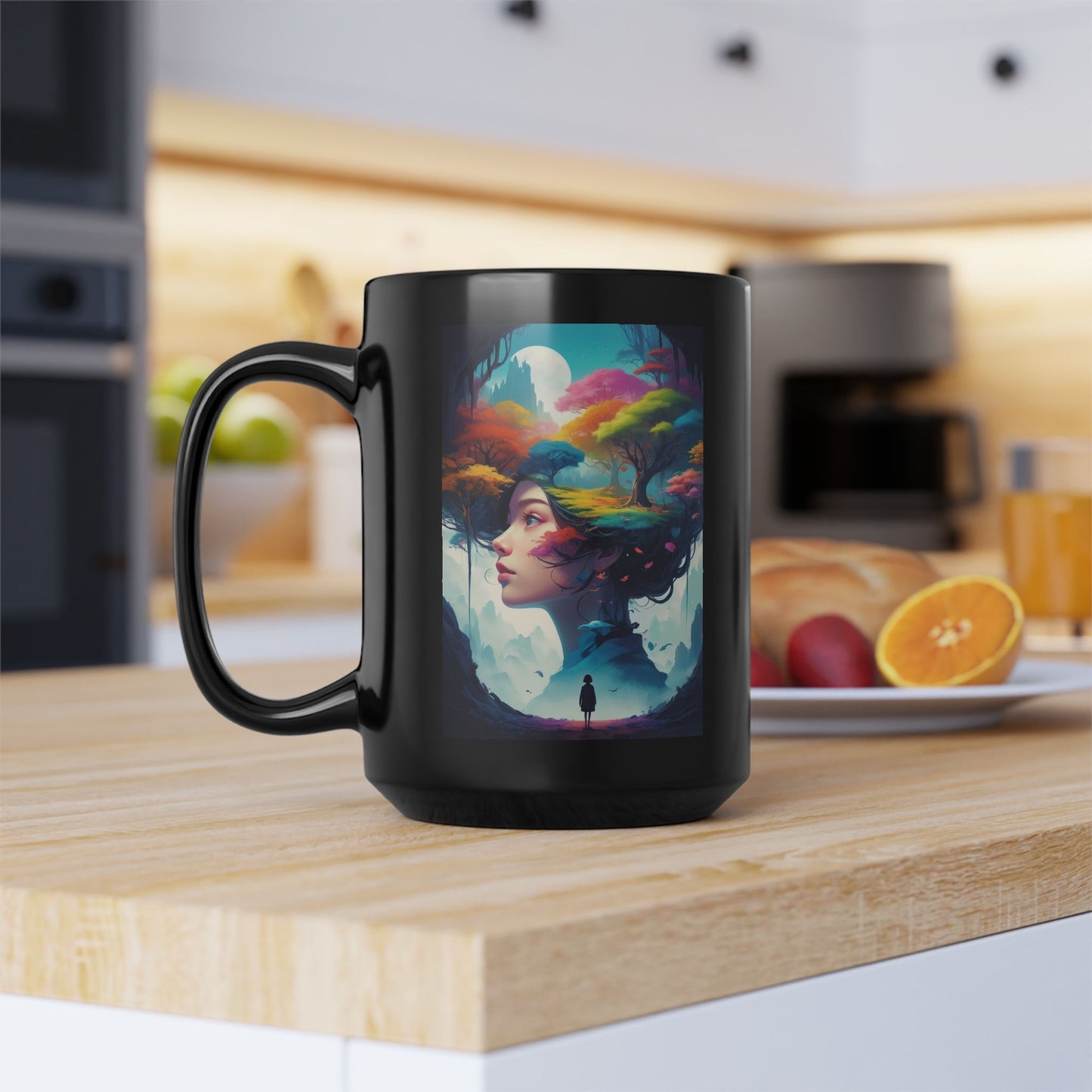 Dreamscape Art Mug — Surreal Woman & Colorful Forest Illustration (11oz/15oz)