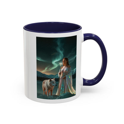 Taza de café Aurora Guardiana — Arte fantástico de mujer con lobo