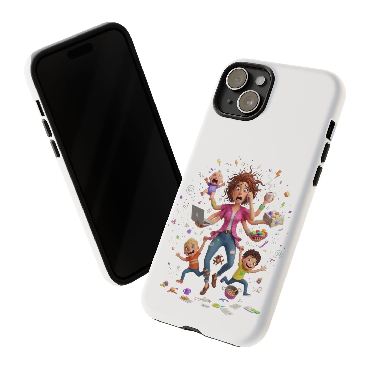 iPhone Phone Case — Hectic Mom Cartoon Design (Multitasking Mother, Kids & Chaos)