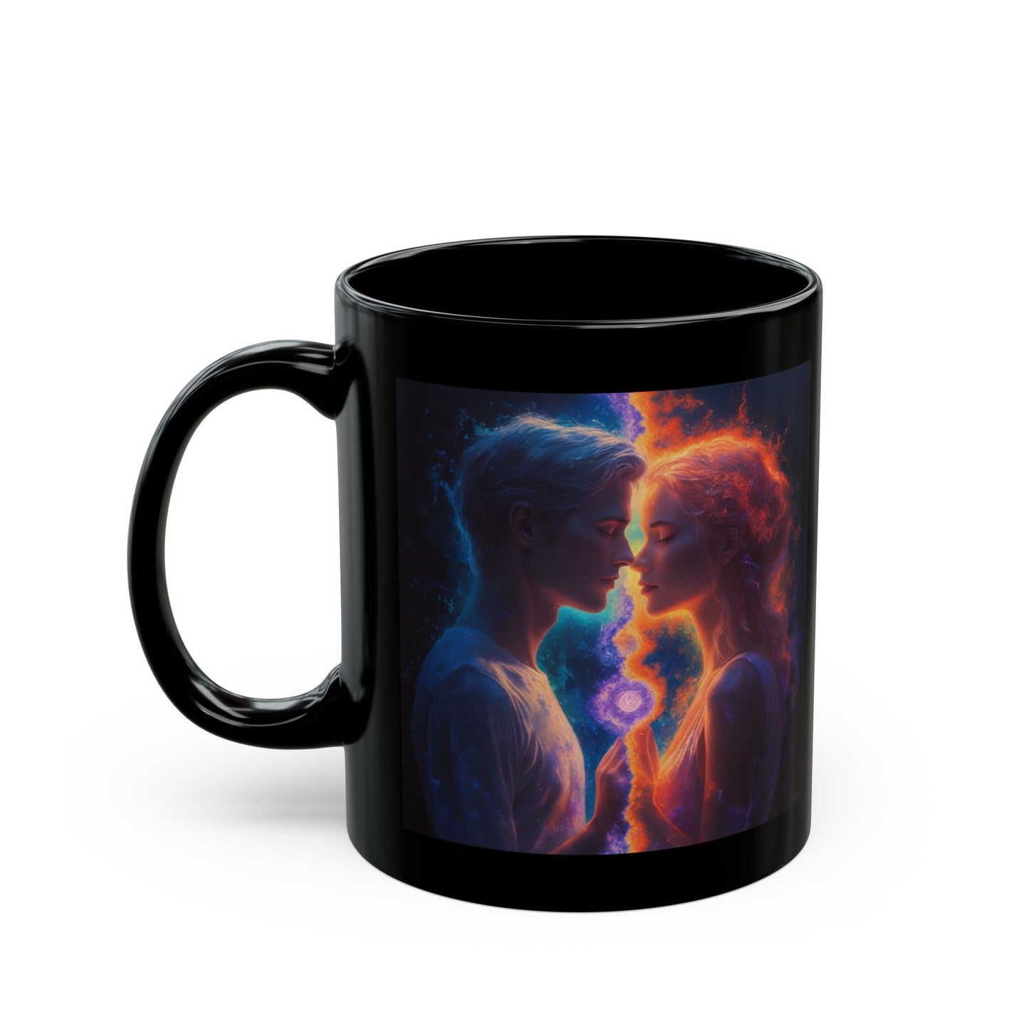 Cosmic Lovers Coffee Mug — Neon Starry Couple Black Mug (11oz/15oz)