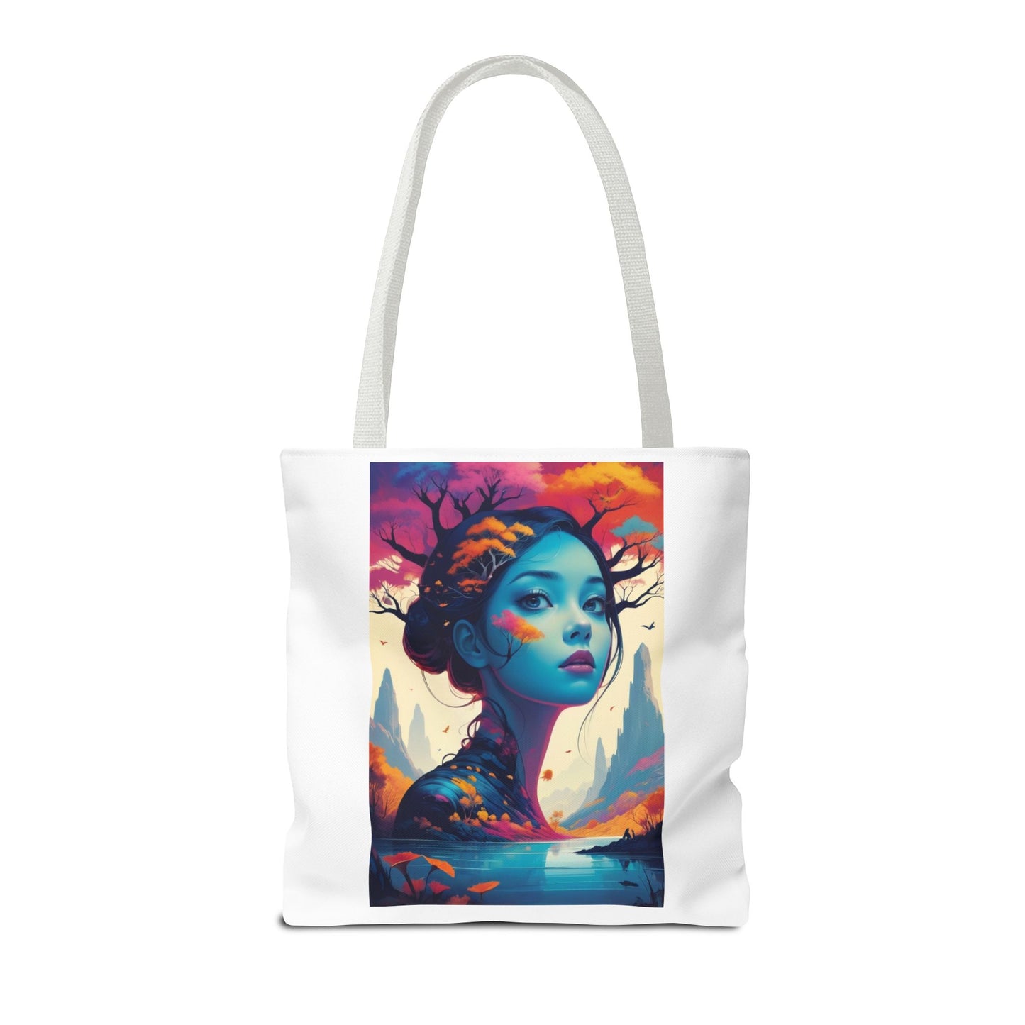 Artistic Blue Forest Maiden Tote Bag - Surreal Portrait All-Over Print