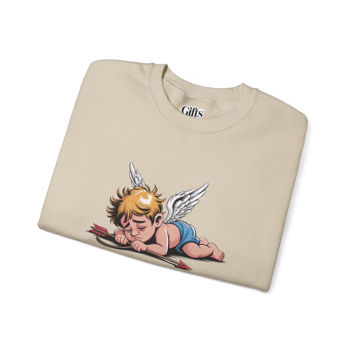 Burnout Cupid Sweatshirt — Tired Cupid Graphic Crewneck for Valentine’s Day