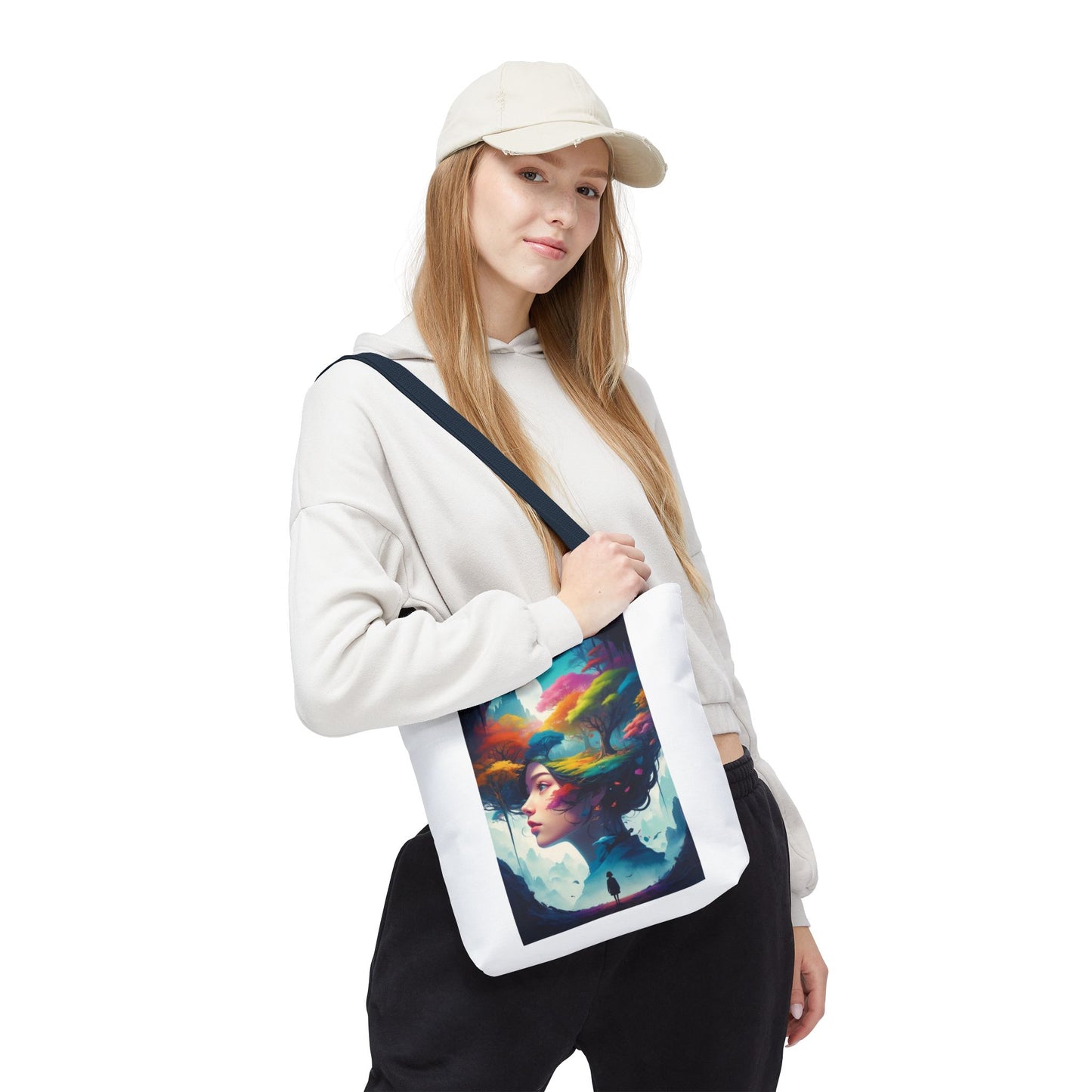Surreale Traumlandschaft-Tragetasche – Bunte Frau &amp; Waldmotiv