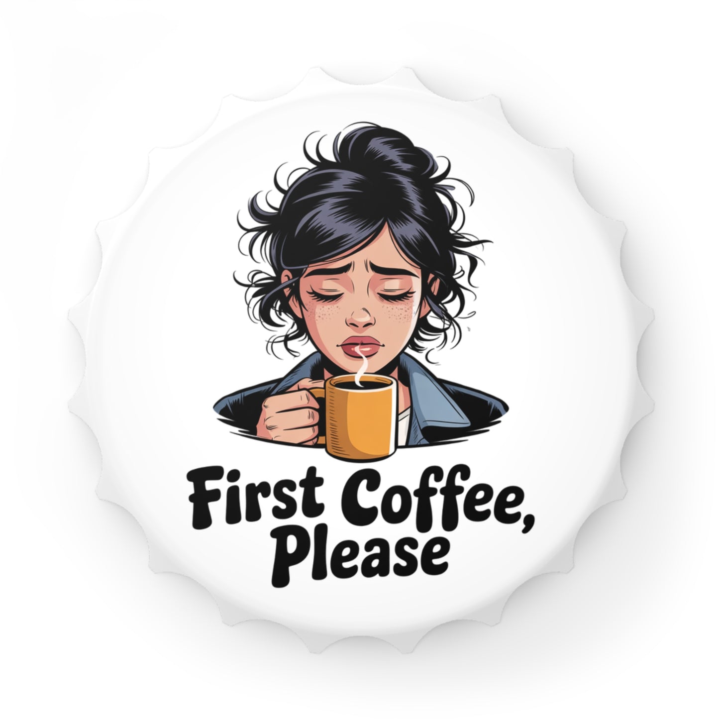Bottle Opener — "First Coffee, Please" Cute Tired Woman Coffee Lover Gift