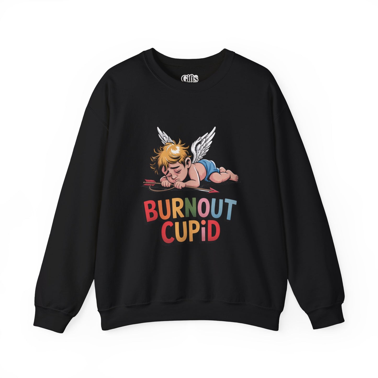 Burnout Cupid Sweatshirt — Tired Cupid Graphic Crewneck for Valentine’s Day