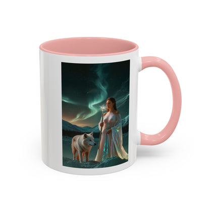 Taza de café Aurora Guardiana — Arte fantástico de mujer con lobo