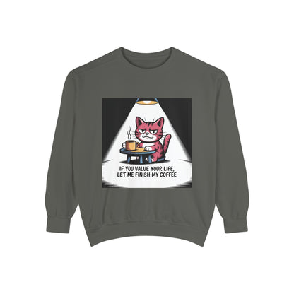 Lustiges Katzen-Sweatshirt – „Wenn dir dein Leben lieb ist, lass mich meinen Kaffee austrinken“ – Kuscheliger Pullover mit Grafikprint