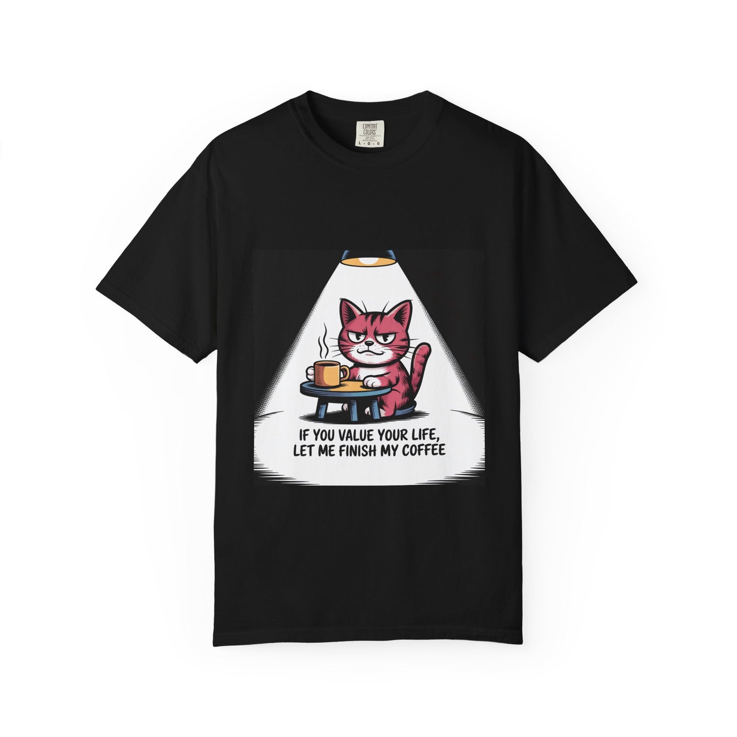 Camiseta divertida de gato y café: "Si valoras tu vida, déjame terminar mi café".