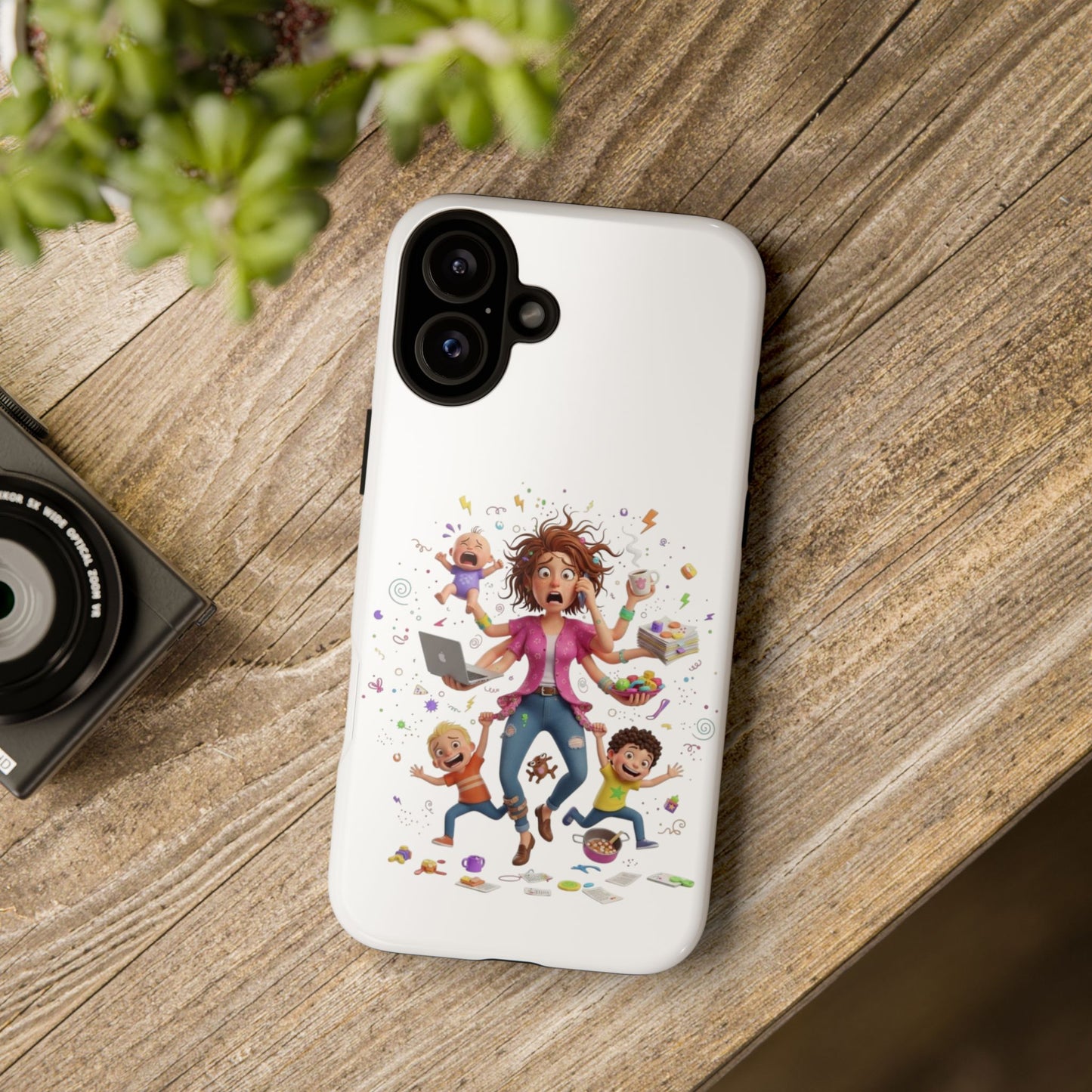 iPhone Phone Case — Hectic Mom Cartoon Design (Multitasking Mother, Kids & Chaos)