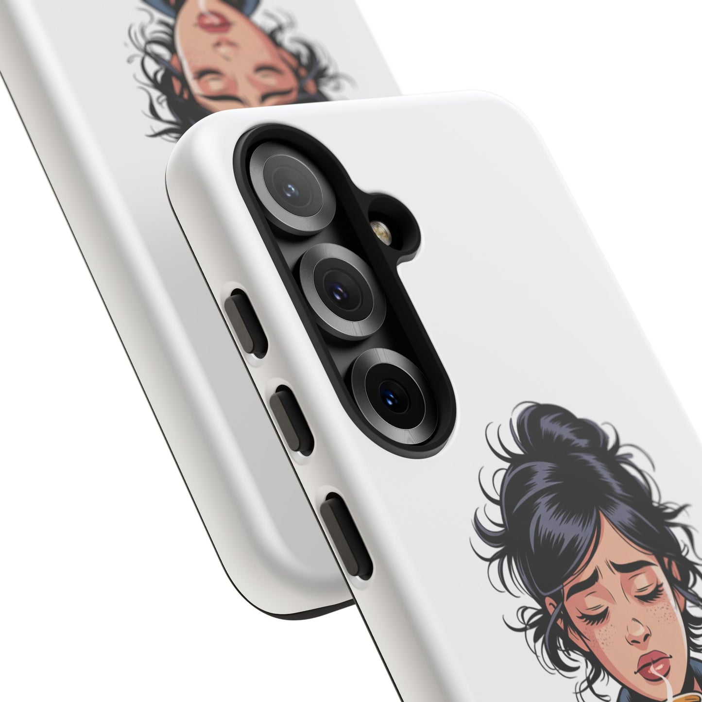 Samsung Phone Case — “First Coffee, Please” Cute Tired Girl Coffee Lover Phone Cover