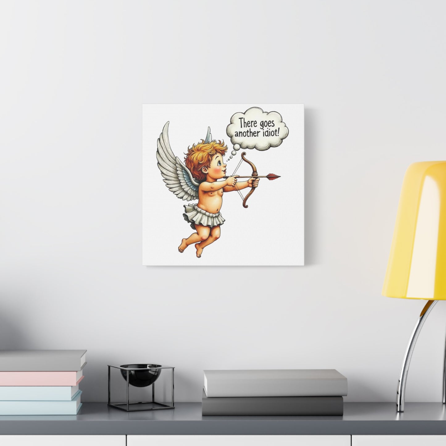 Funny Cupid Canvas Wall Art – 'There Goes Another Idiot!' Stretched Matte Canvas