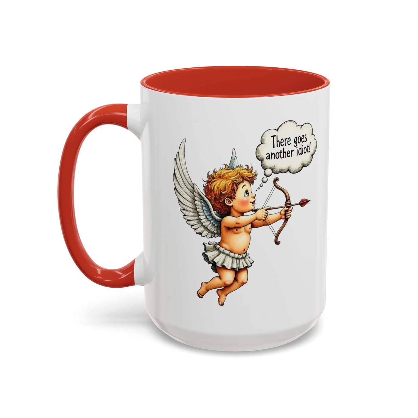 Cupid Coffee Mug — Vintage Cherub Saying "There goes another idiot!" Accent Mug