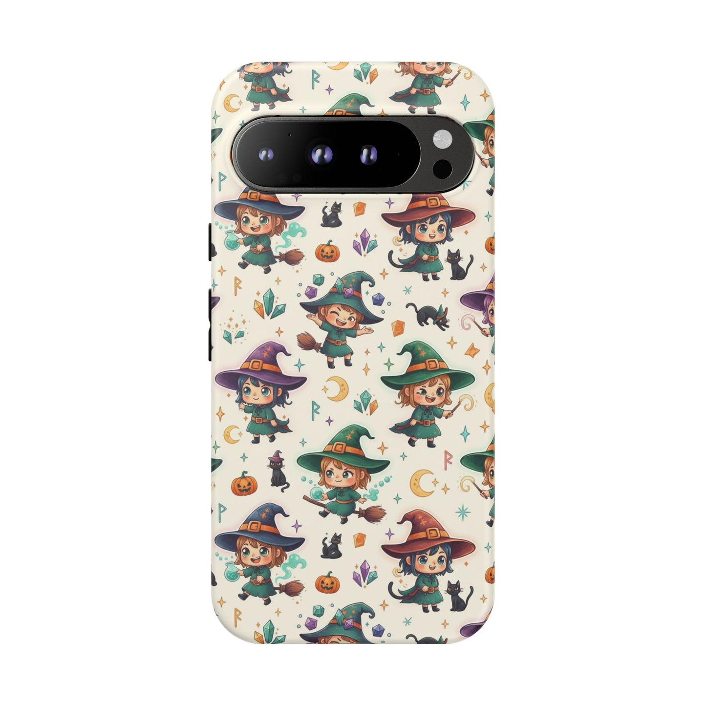 Google Phone - Cute Halloween Witch Phone Case – Cartoon Witches, Black Cats & Pumpkins
