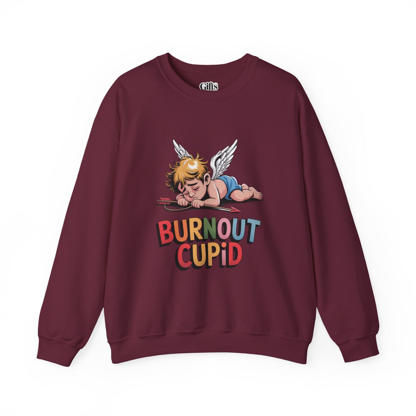 Burnout Cupid Sweatshirt — Tired Cupid Graphic Crewneck for Valentine’s Day