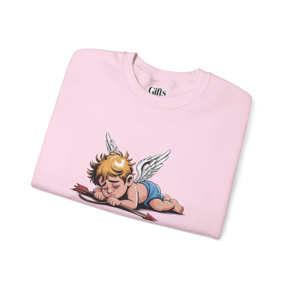 Burnout Cupid Sweatshirt — Tired Cupid Graphic Crewneck for Valentine’s Day