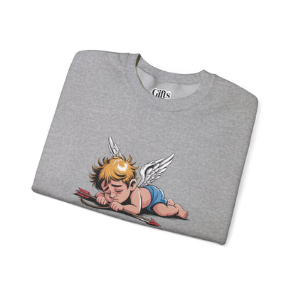 Burnout Cupid Sweatshirt — Tired Cupid Graphic Crewneck for Valentine’s Day