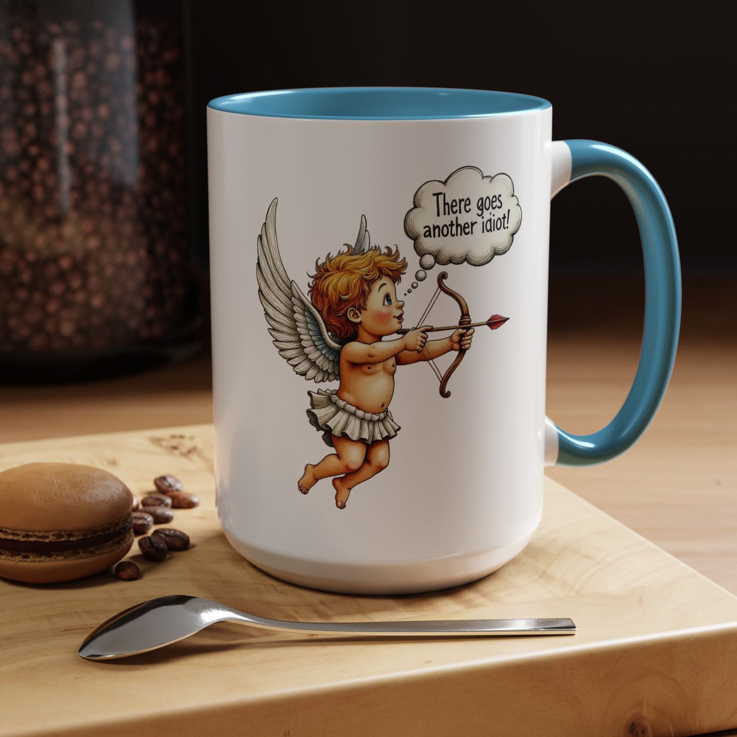 Cupid Coffee Mug — Vintage Cherub Saying "There goes another idiot!" Accent Mug