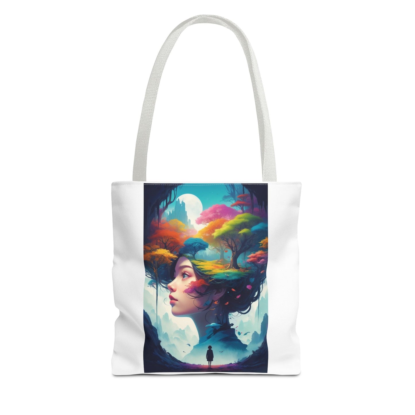 Surreale Traumlandschaft-Tragetasche – Bunte Frau &amp; Waldmotiv