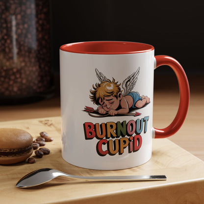 Burnout Cupid Coffee Mug — Cute Tired Cupid Accent Mug (11/15 oz)