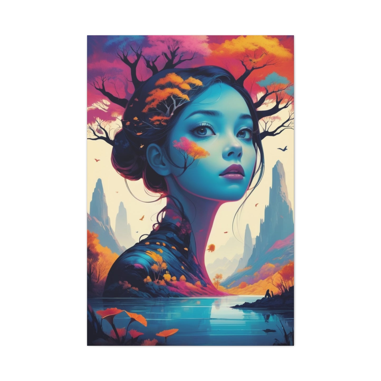 Surreal Blue Muse Matte Stretched Canvas Art — Dreamscape Portrait Wall Decor